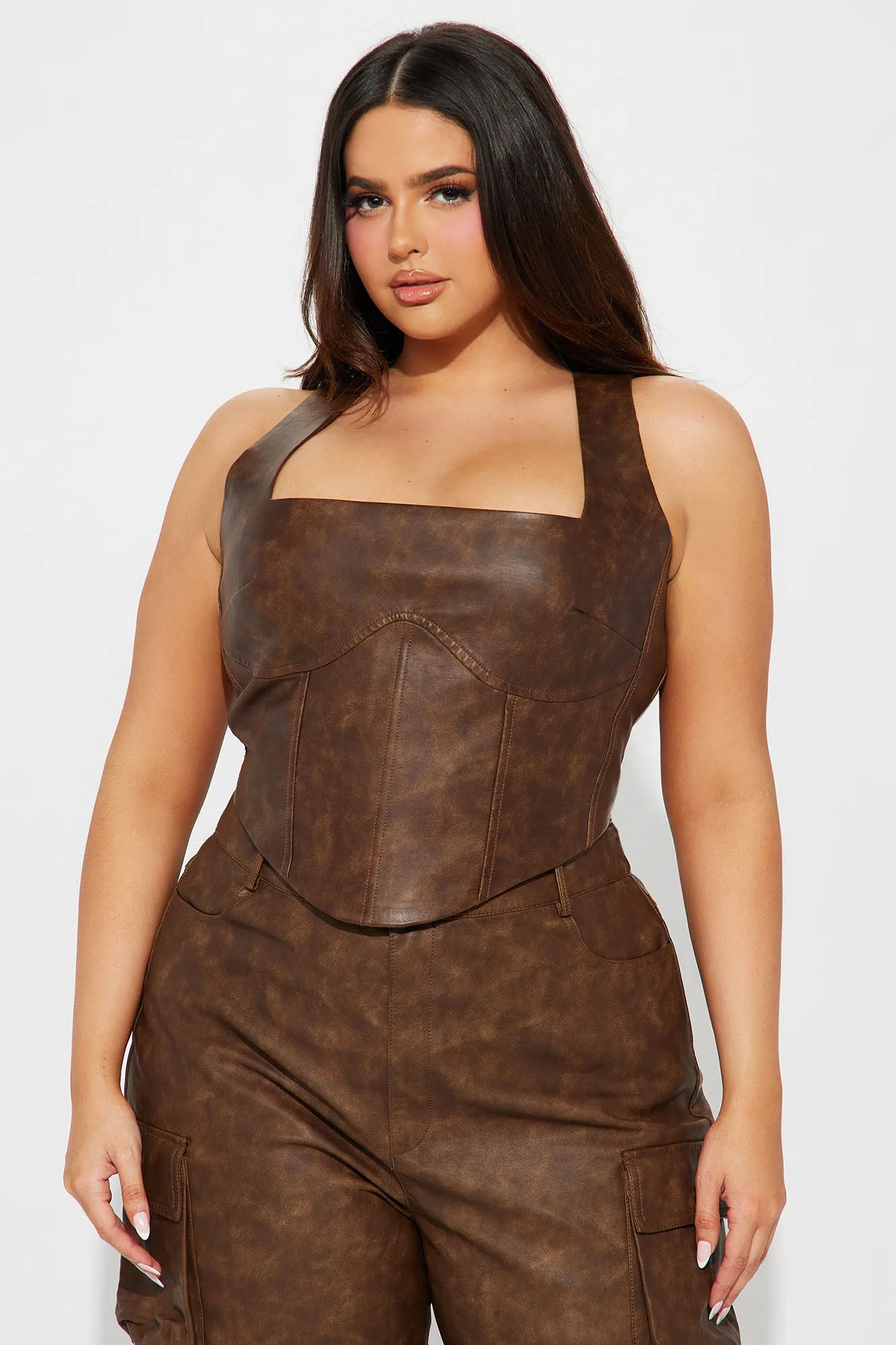 Back Road Washed Faux Leather Corset Top - Brown