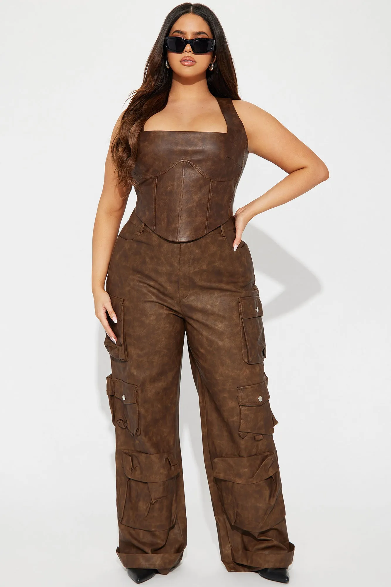 Back Road Washed Faux Leather Corset Top - Brown