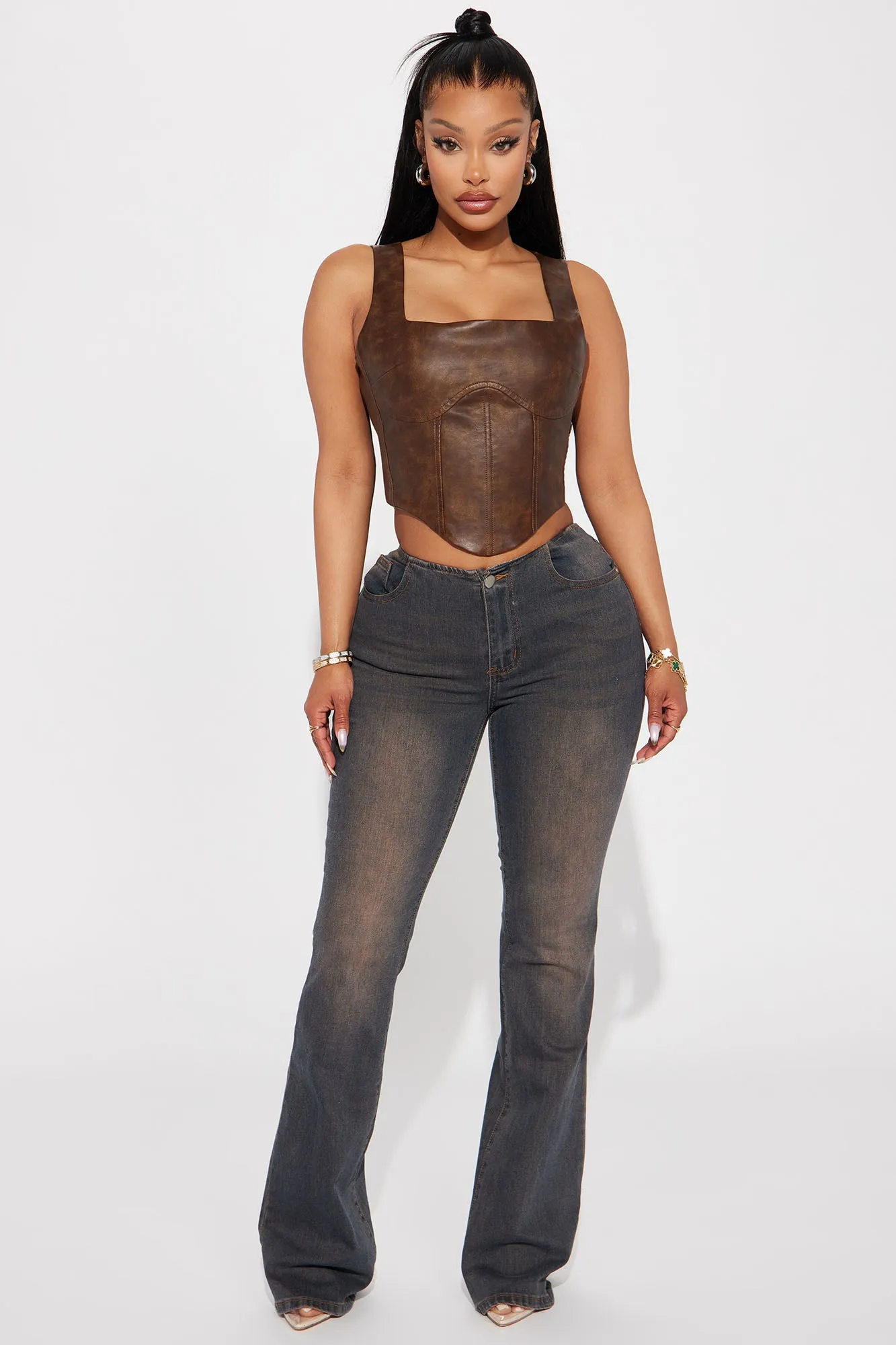 Back Road Washed Faux Leather Corset Top - Brown