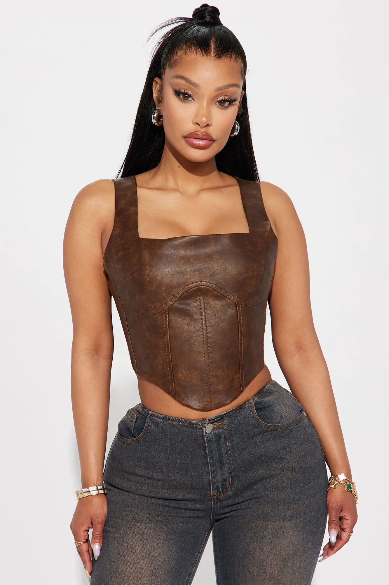 Back Road Washed Faux Leather Corset Top - Brown