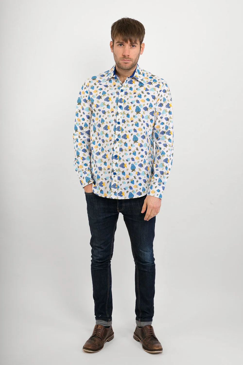 Blue Strawberry Fruit Cotton Slim Fit Mens Shirt Long Sleeve