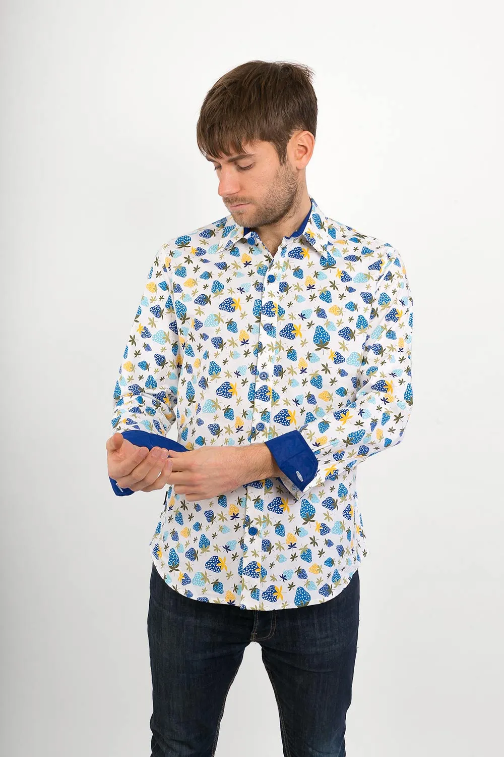 Blue Strawberry Fruit Cotton Slim Fit Mens Shirt Long Sleeve