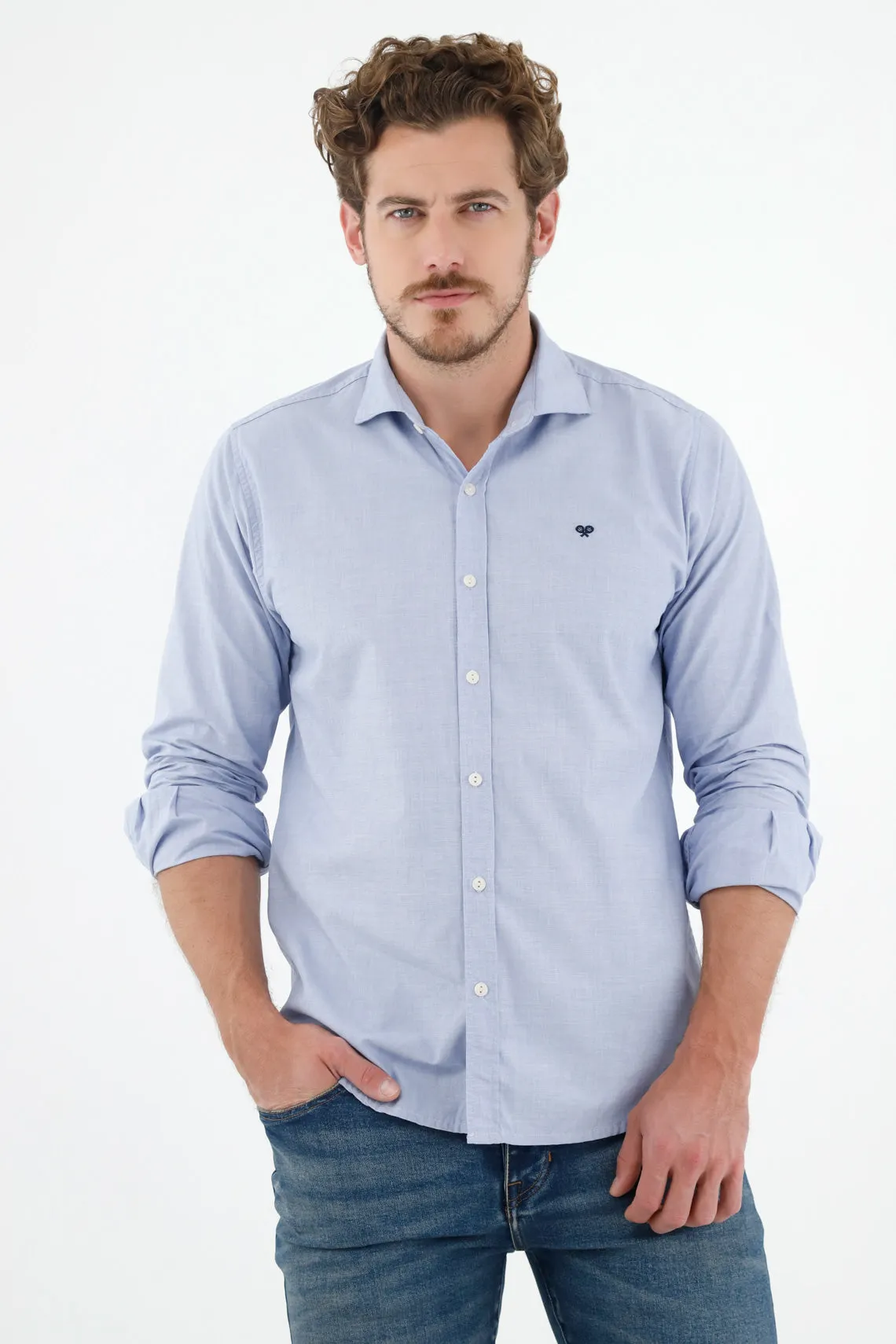 Camisa azul con cuello francés para hombre