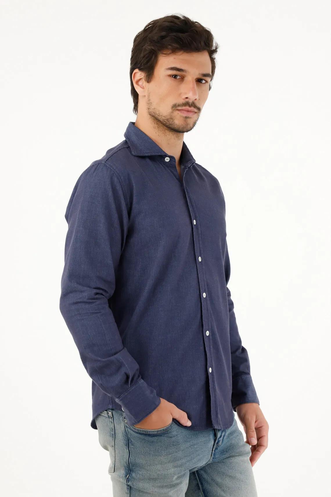 Camisa azul oscura Regular fit preteñida para hombre