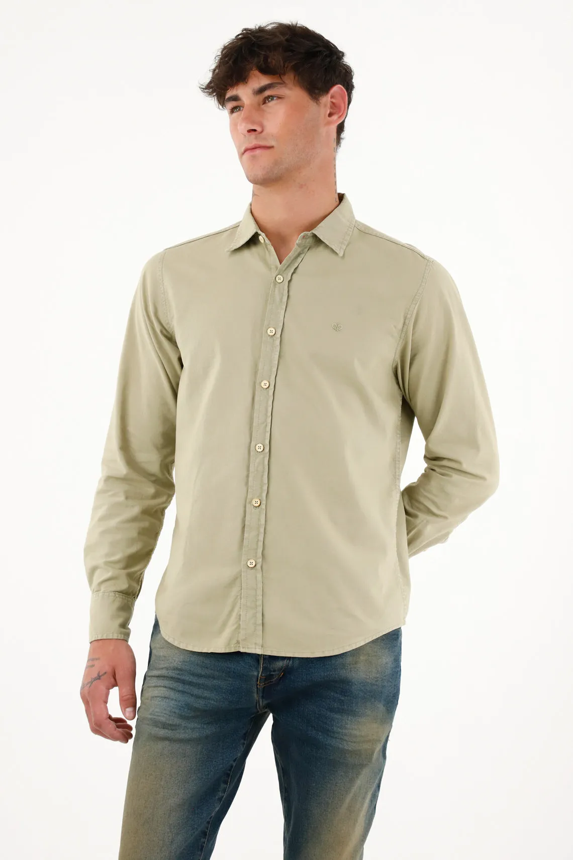 Camisa de tela oxford manga larga verde para hombre