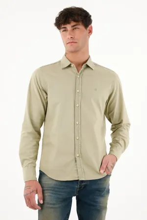 Camisa de tela oxford manga larga verde para hombre