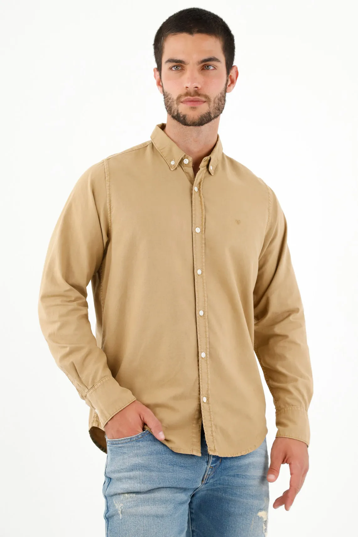 Camisa manga larga café para hombre