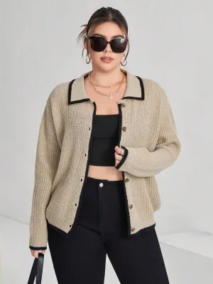 Cardigan De Contraste Botão Frontal Plus Size - Carmen