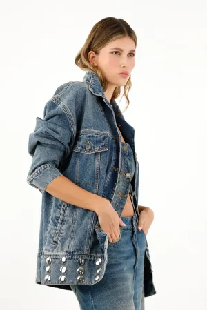 Chaqueta azul con apliques metalizados para mujer