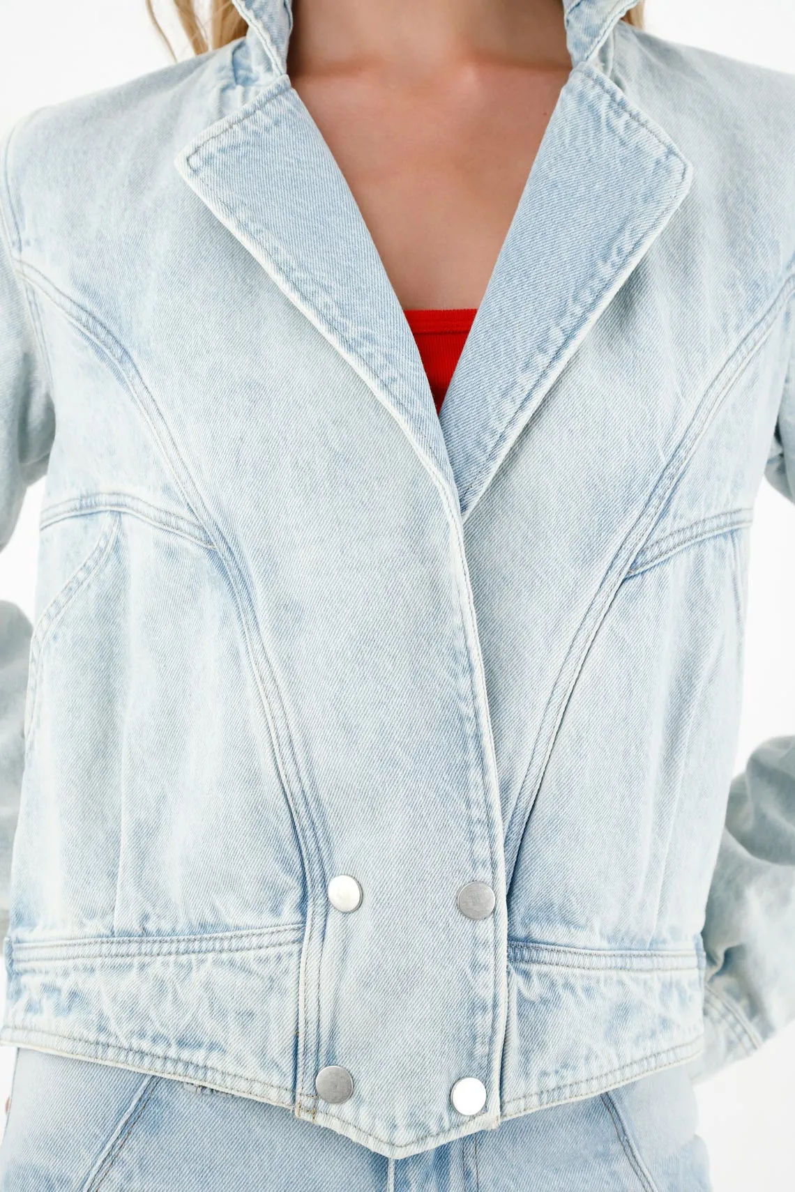 Chaqueta azul con cuello de solapa para mujer