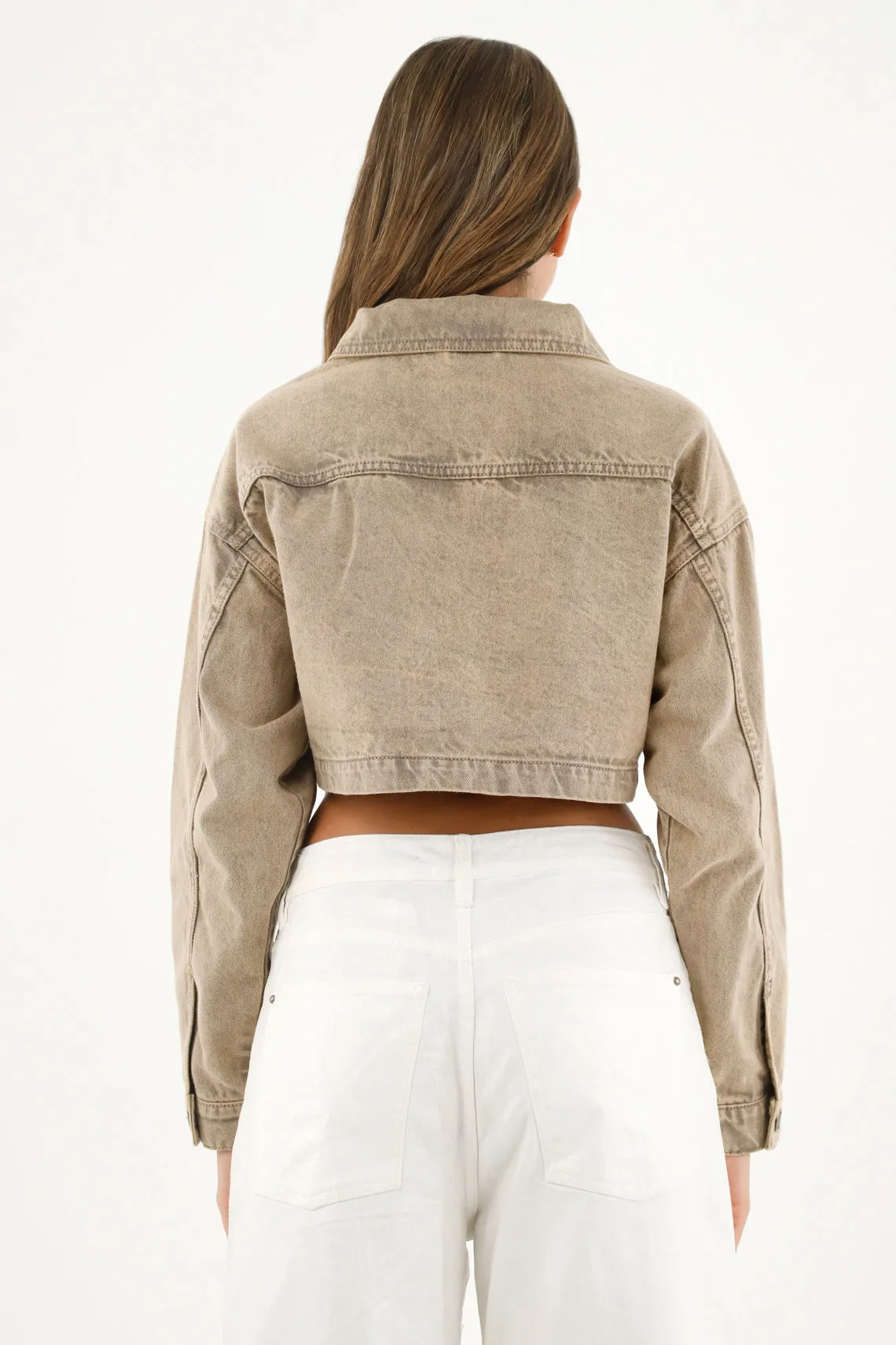 Chaqueta café cropped para mujer