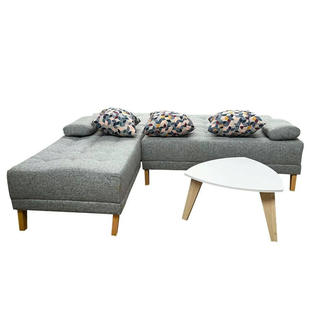 Combo Sofa en L Cama  Bridge Tela Tela Gris   3 Cojines Decorativos   Mesa Centro Da Vinci