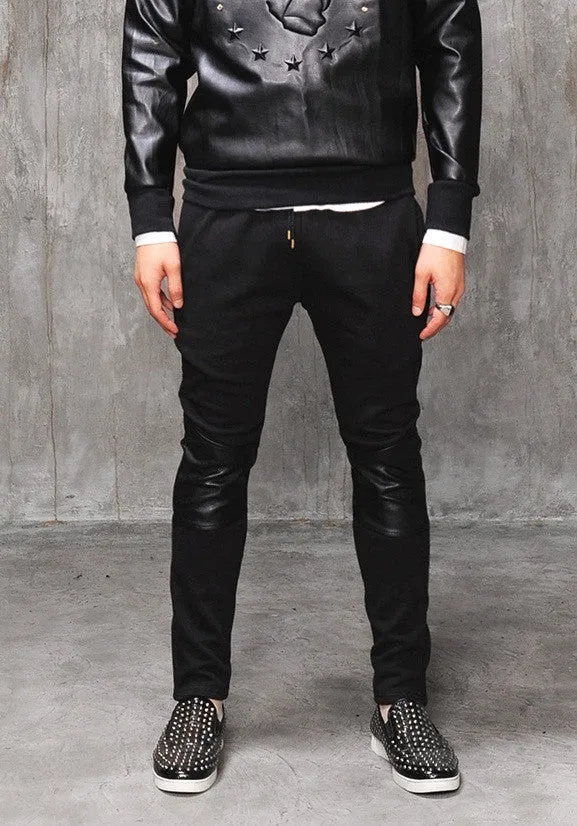 Faux Leather Paneled  Knee Gold and Silver ZipperJogger Leg Mens Slim Biker Jersey Sweatpants