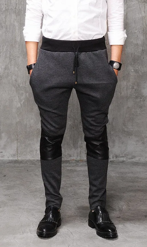 Faux Leather Paneled  Knee Gold and Silver ZipperJogger Leg Mens Slim Biker Jersey Sweatpants