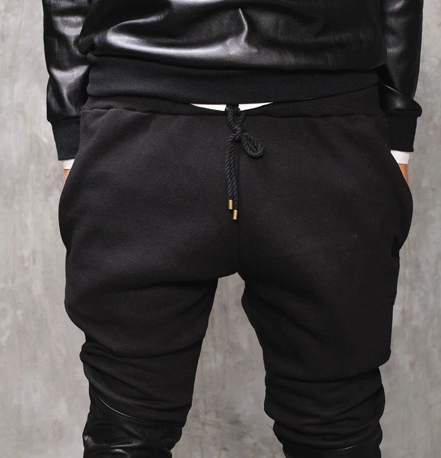 Faux Leather Paneled  Knee Gold and Silver ZipperJogger Leg Mens Slim Biker Jersey Sweatpants