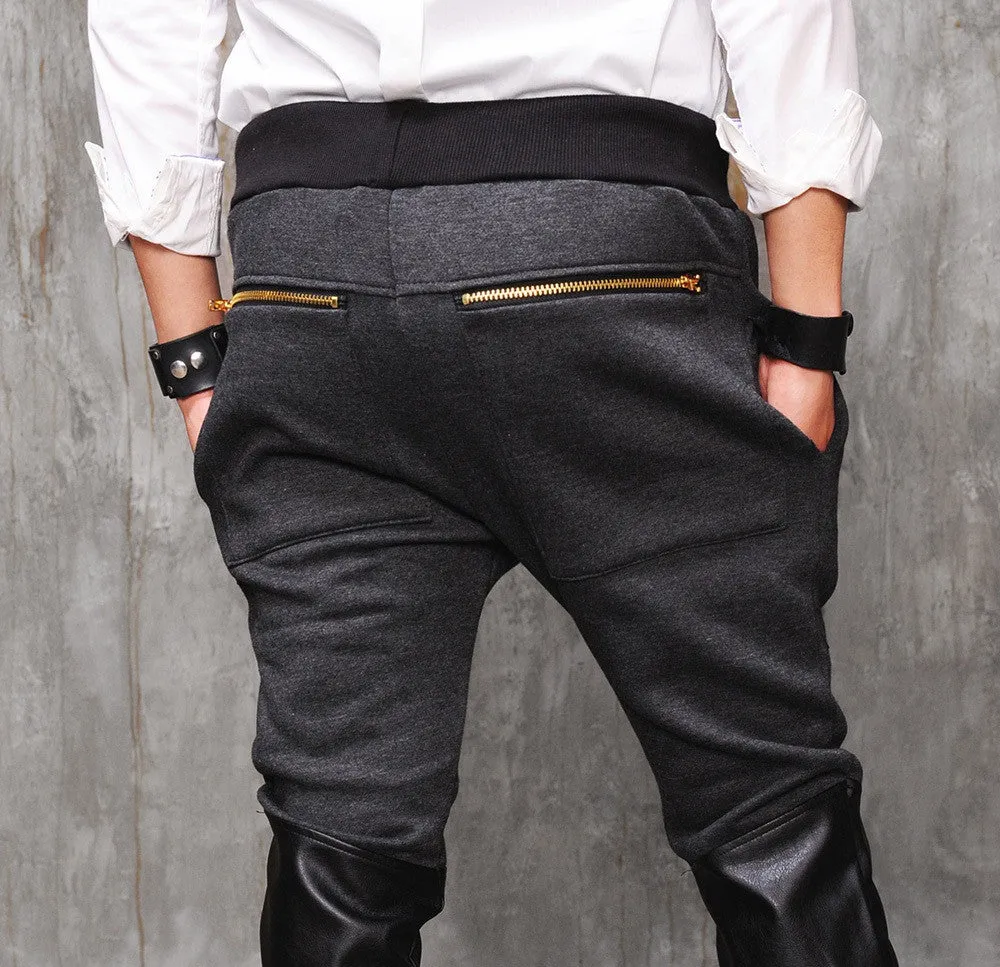 Faux Leather Paneled  Knee Gold and Silver ZipperJogger Leg Mens Slim Biker Jersey Sweatpants