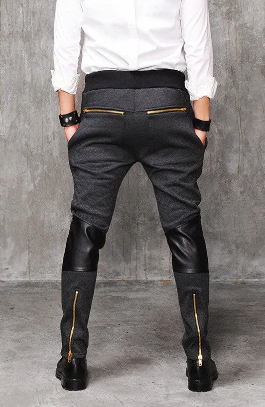 Faux Leather Paneled  Knee Gold and Silver ZipperJogger Leg Mens Slim Biker Jersey Sweatpants