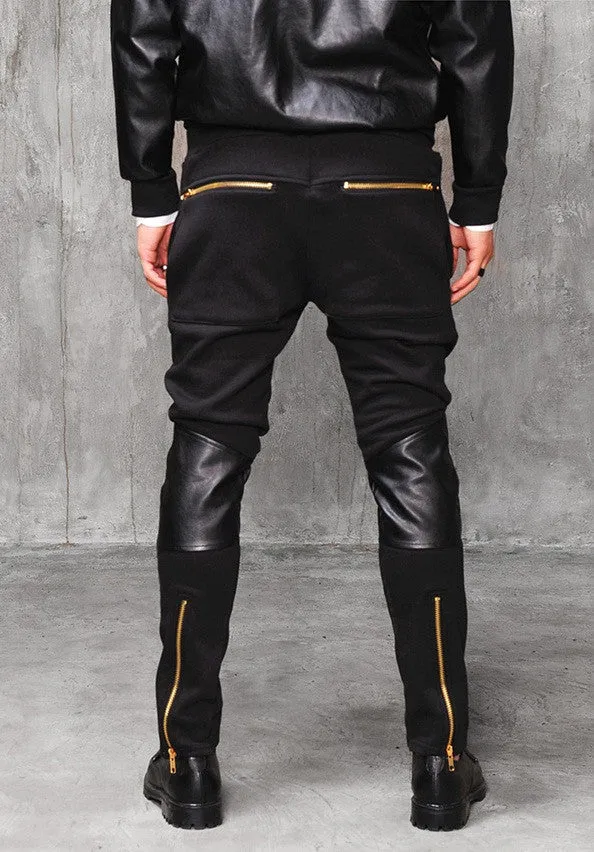 Faux Leather Paneled  Knee Gold and Silver ZipperJogger Leg Mens Slim Biker Jersey Sweatpants