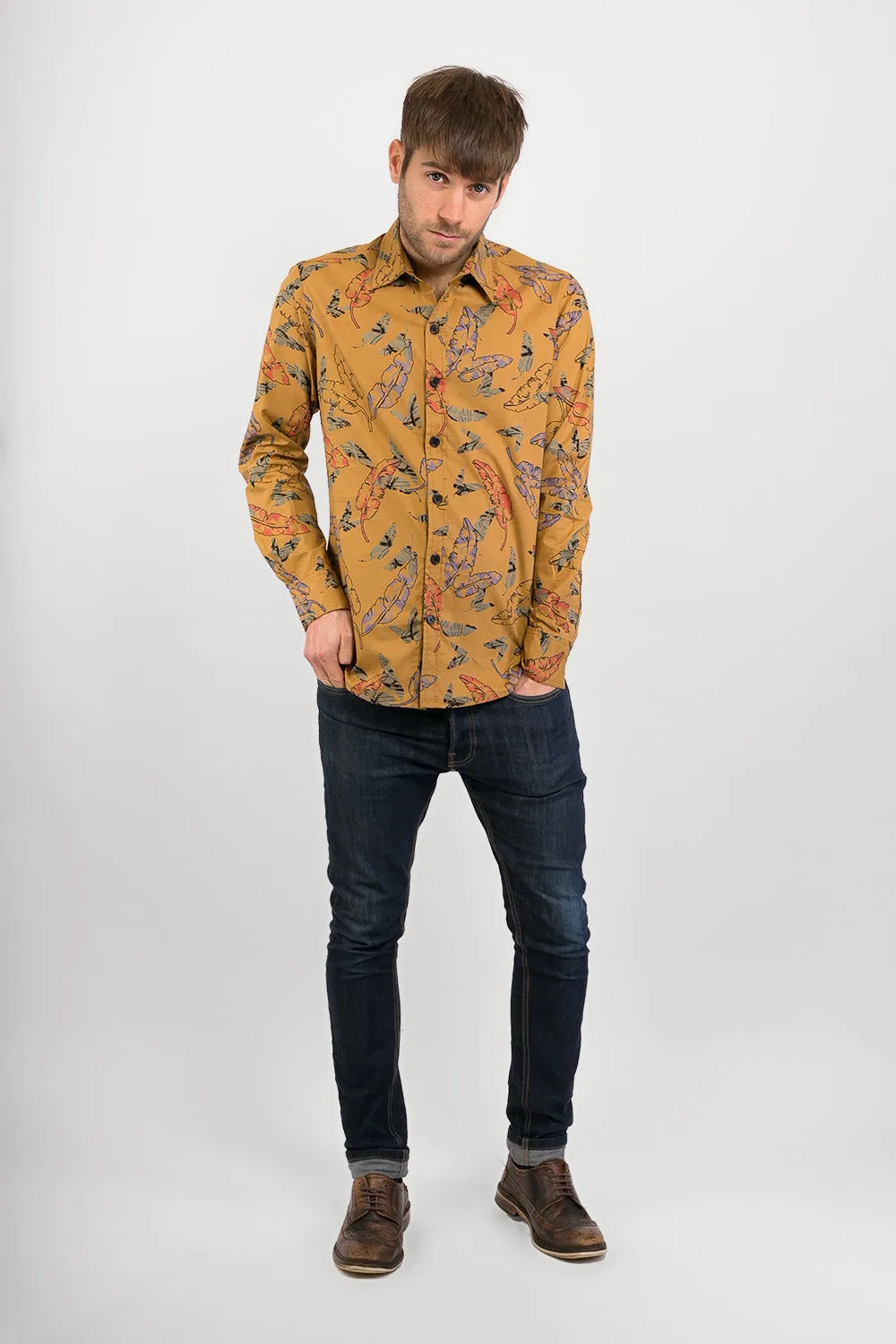 Floral Print Cotton Slim-Fit Long-Sleeve Mens Shirt