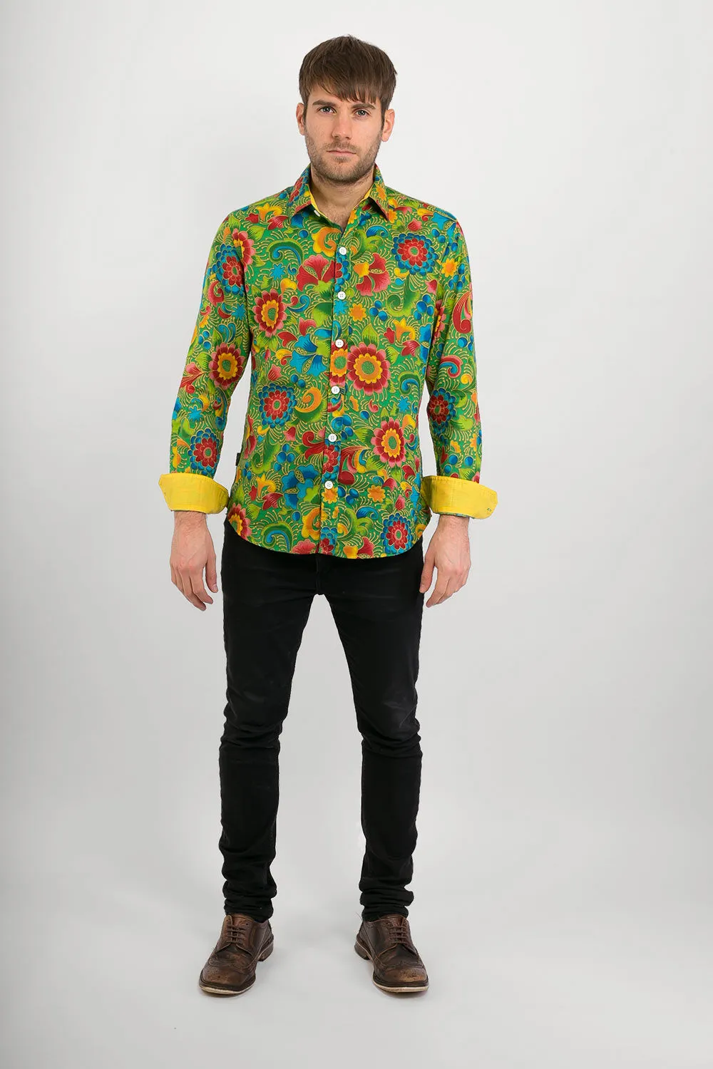 Green Multi Coloured Floral Print Cotton Slim Fit Mens Shirt Long Sleeve