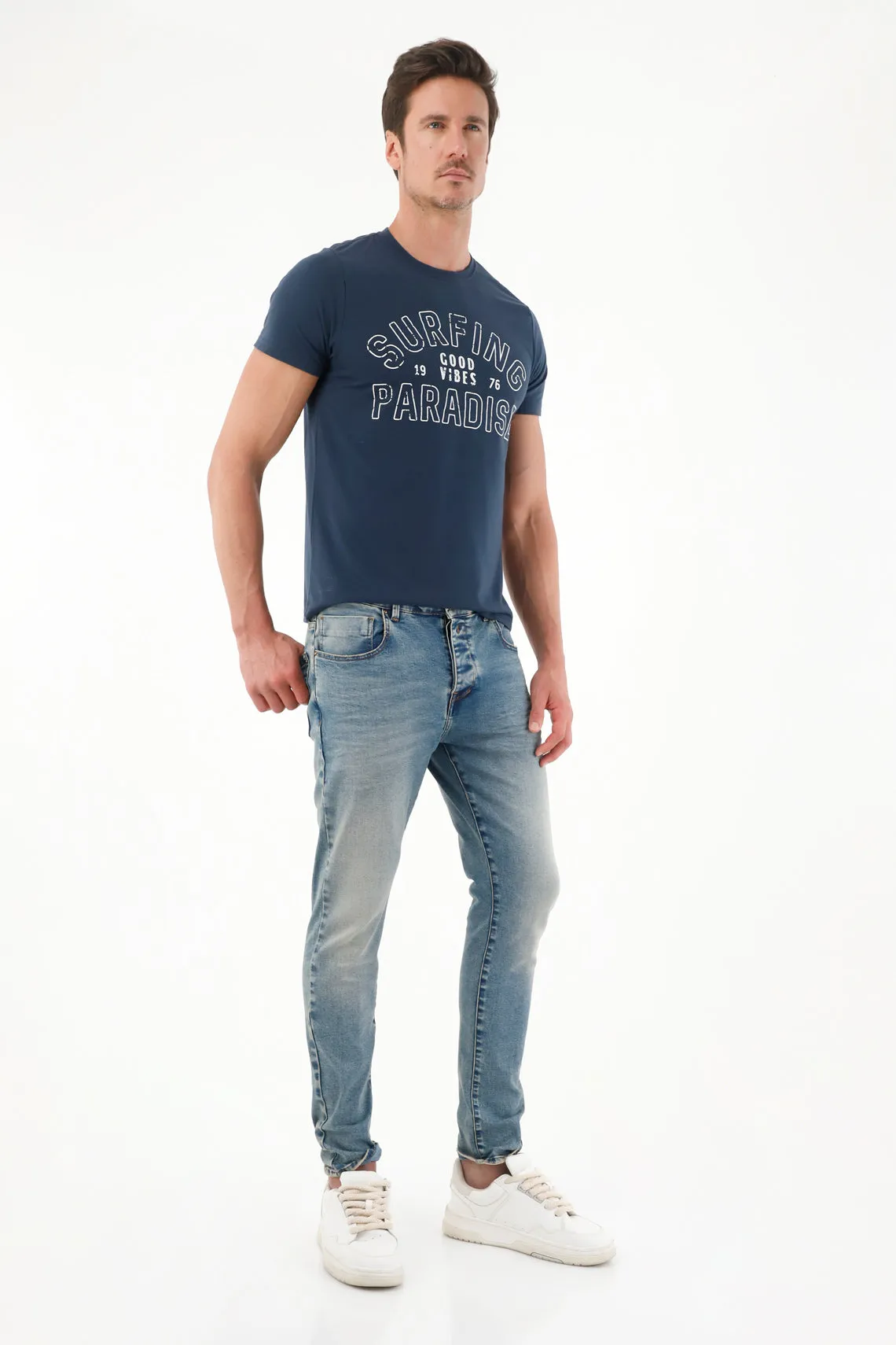 Jean Jegging de tiro alto azul claro para hombre