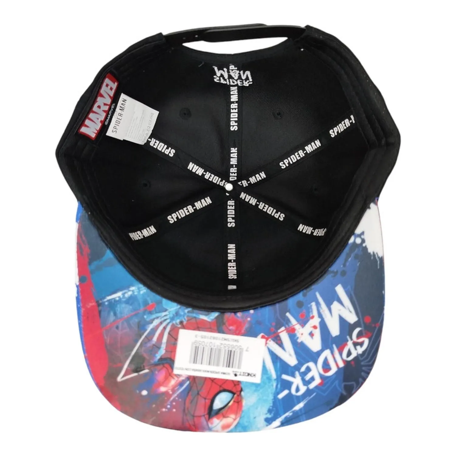 Kndit Caps Gorra Negra Camuflaje Azul Placa Bronce Logo Araña Rayas Spider-Man