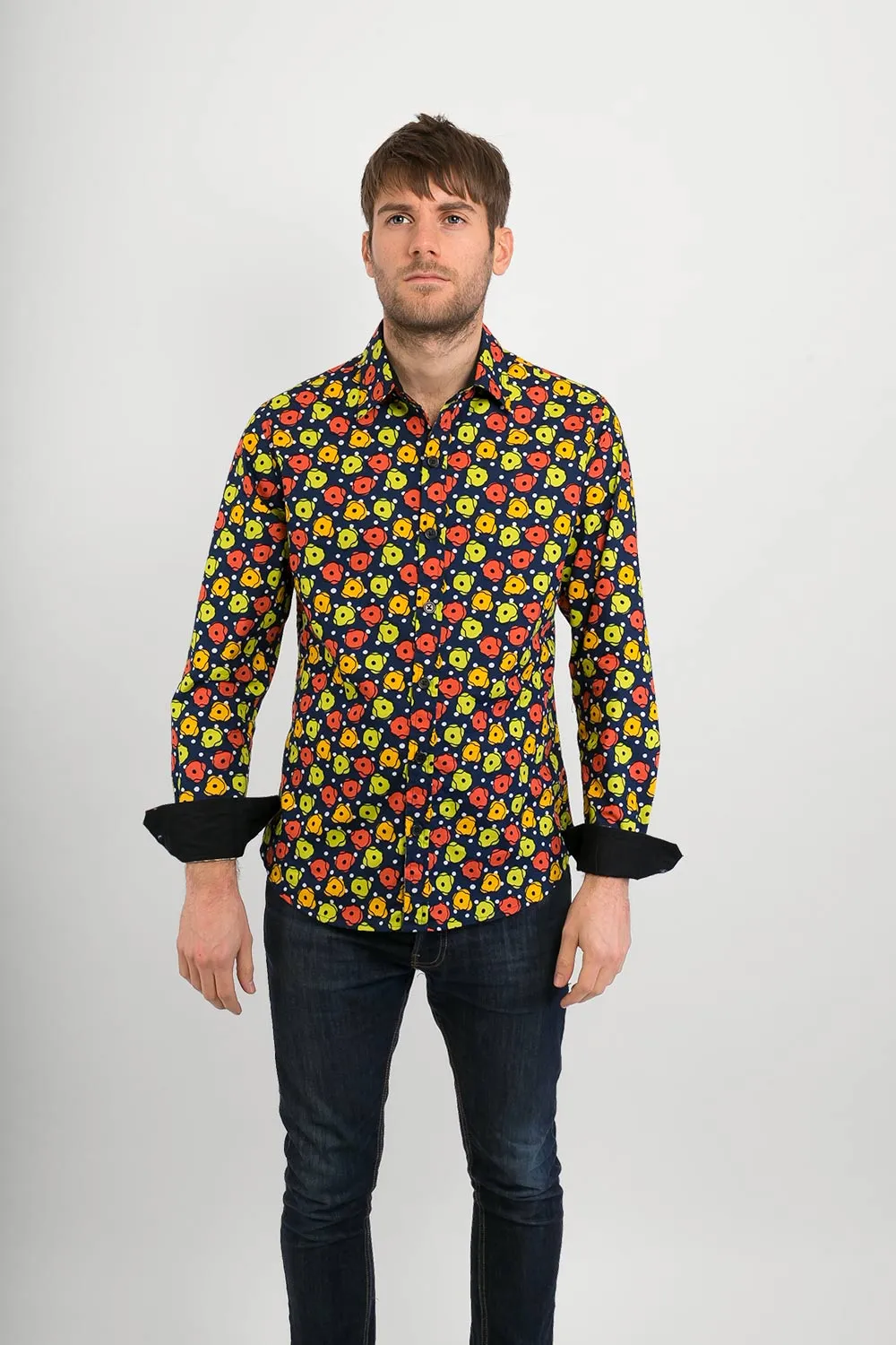 Orange Yellow Green Flower Blue Print Cotton Slim Fit Mens Shirt Long Sleeve