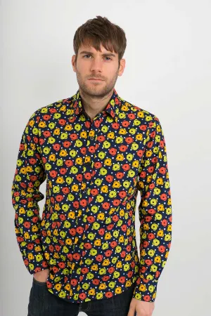 Orange Yellow Green Flower Blue Print Cotton Slim Fit Mens Shirt Long Sleeve