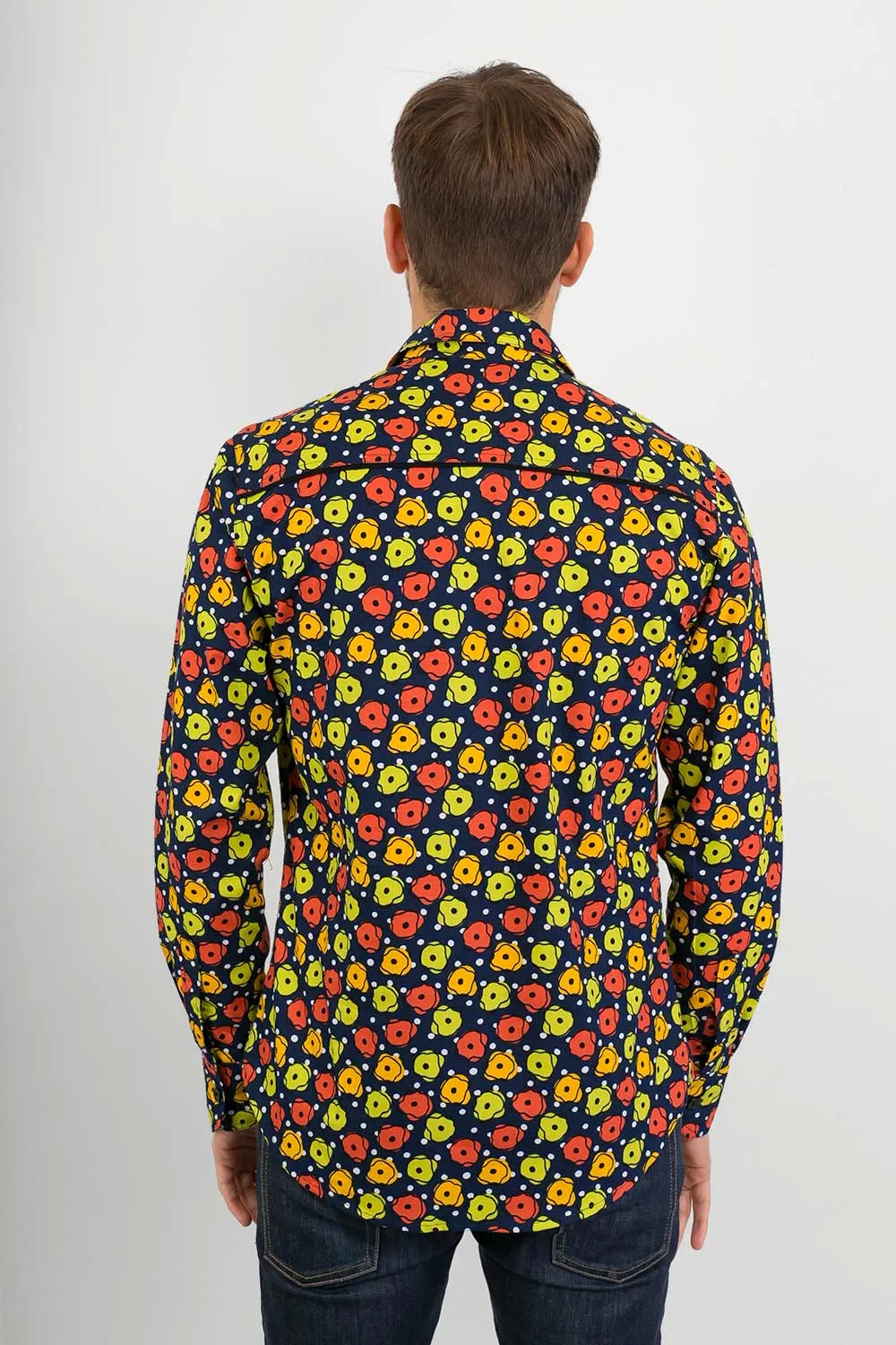 Orange Yellow Green Flower Blue Print Cotton Slim Fit Mens Shirt Long Sleeve