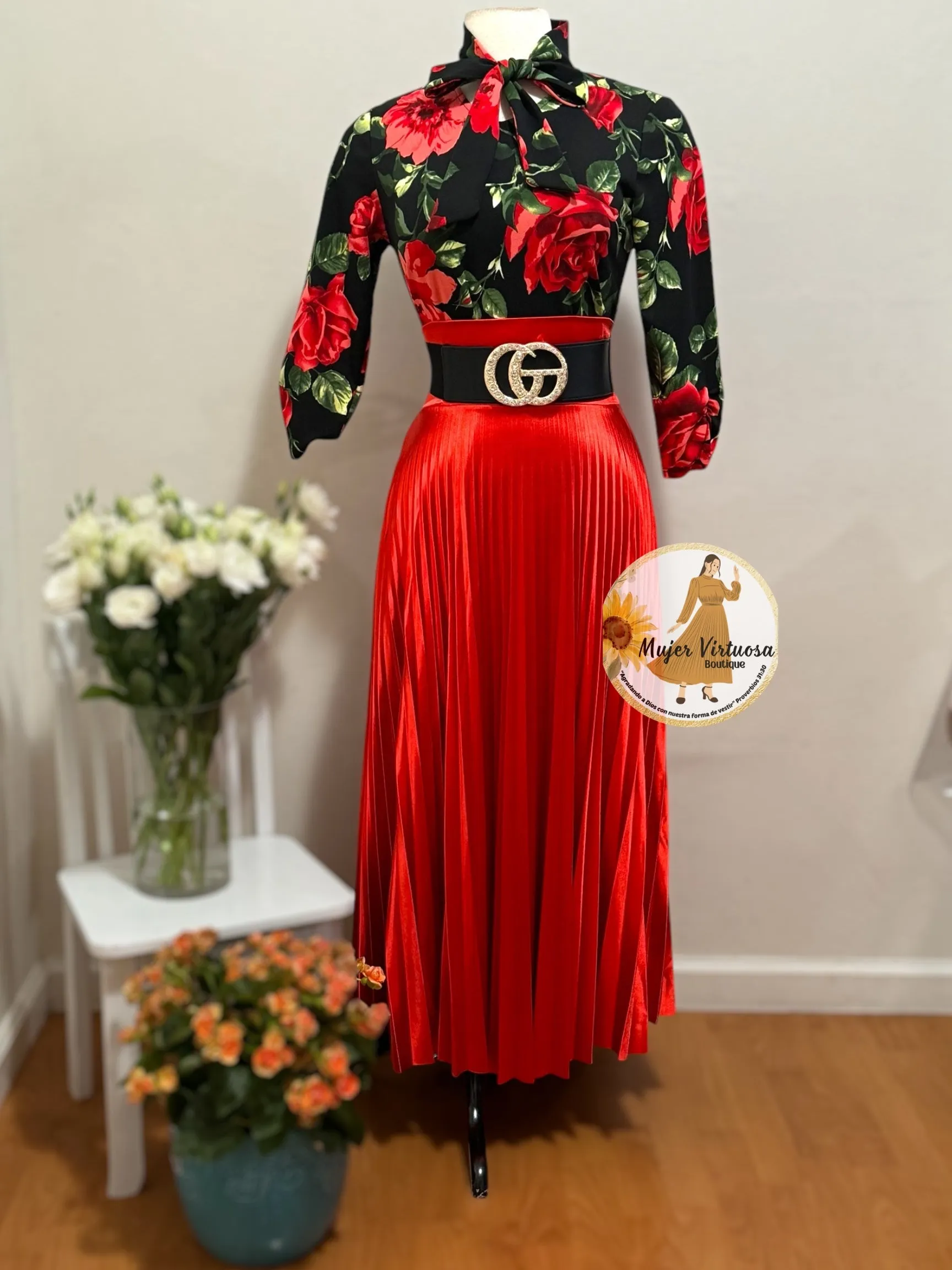 Red Satin Pleated Skirt