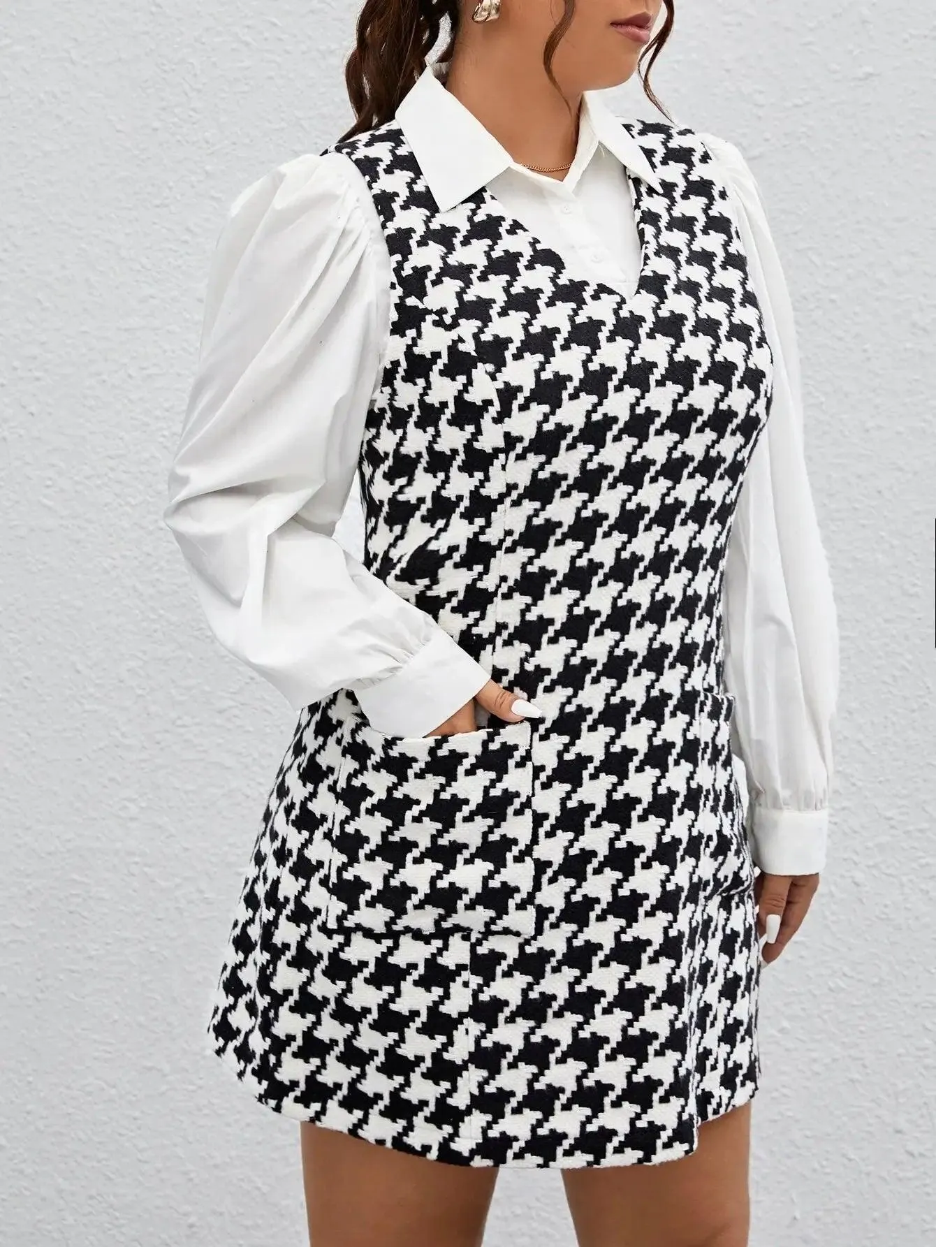 Vestido Sem Mangas houndstooth Plus Size - Giselle